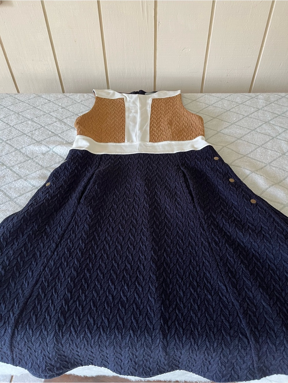 Maeve Navy, Tan and White Knit A-Line Dress